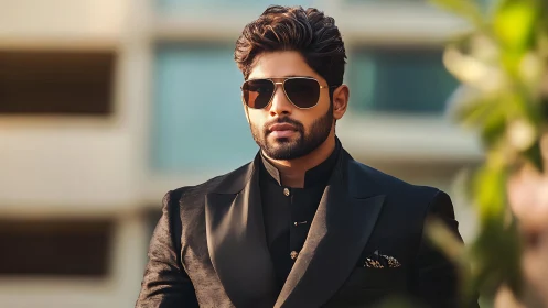 Stylish bearded man in black suit stands outdoors confidently