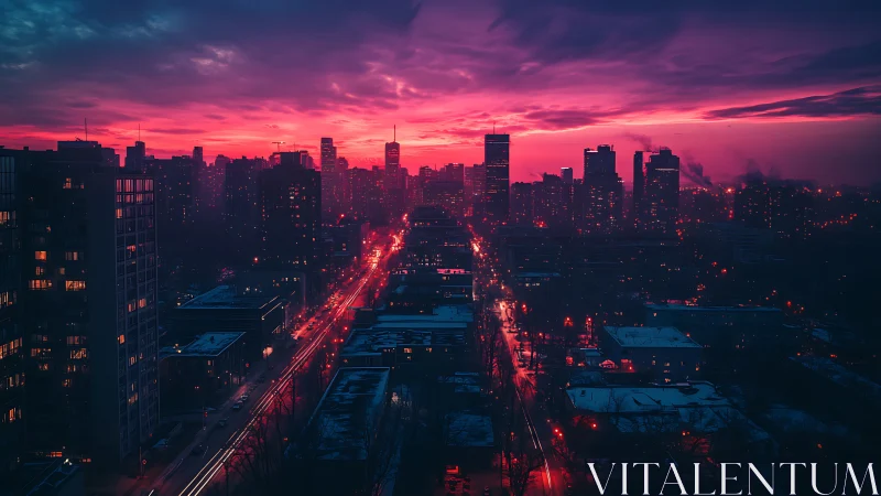 Neon dusk skyline over winter city with cinematic glow.