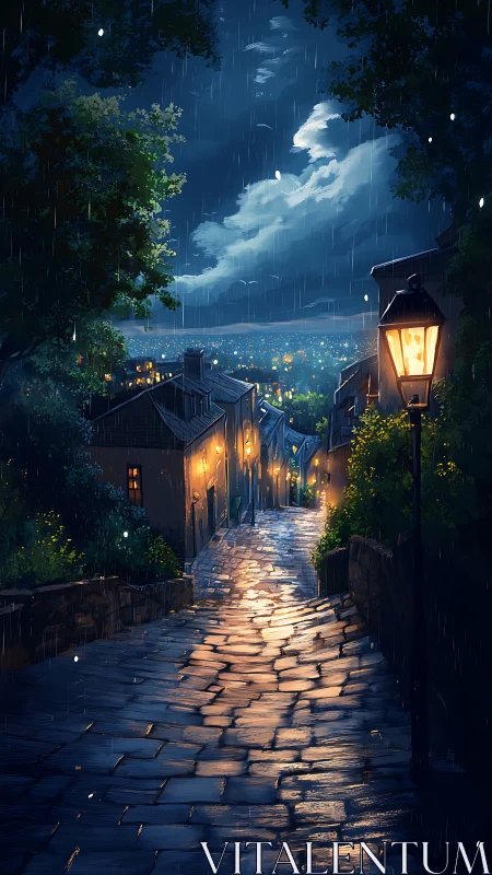 Rain-soaked cobblestone street under nocturnal city glow.