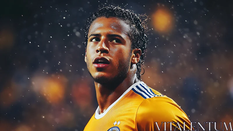 Focused soccer player in yellow kit under stadium rain.