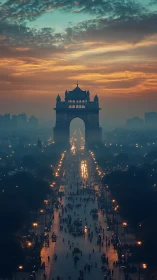 Photorealistic dusk city gate with axial processional avenue.