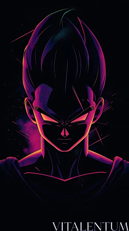 Neon-outlined stylized warrior portrait uses dark contrast