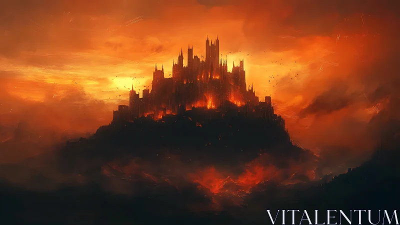Fortress Engulfed in Dramatic Fiery Atmospheric Combustion