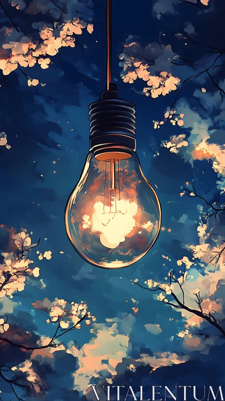 Hanging light bulb amid stylized blossoms and night sky.