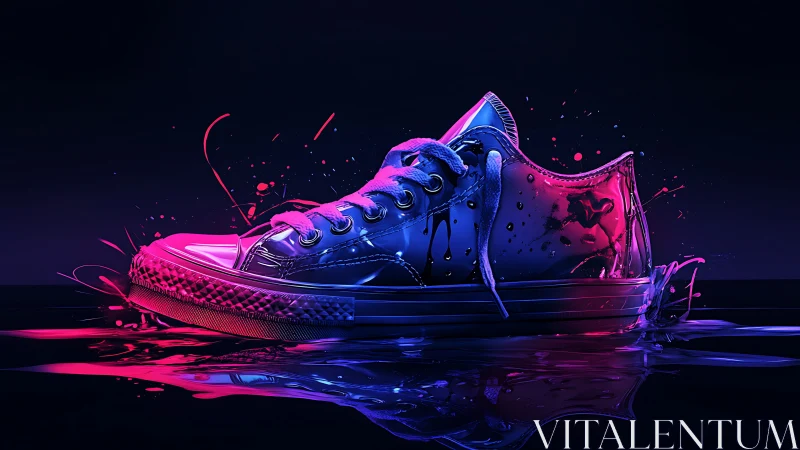 Neon-lit sneaker splash with bold pink and blue reflections.