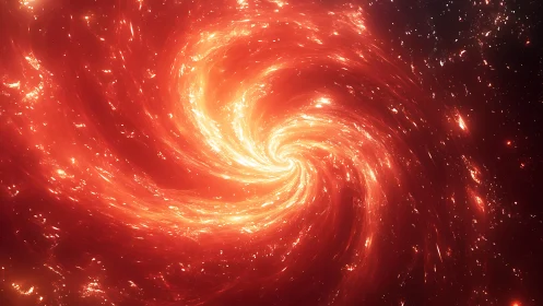 Luminous red galactic vortex with spiral energy pattern.
