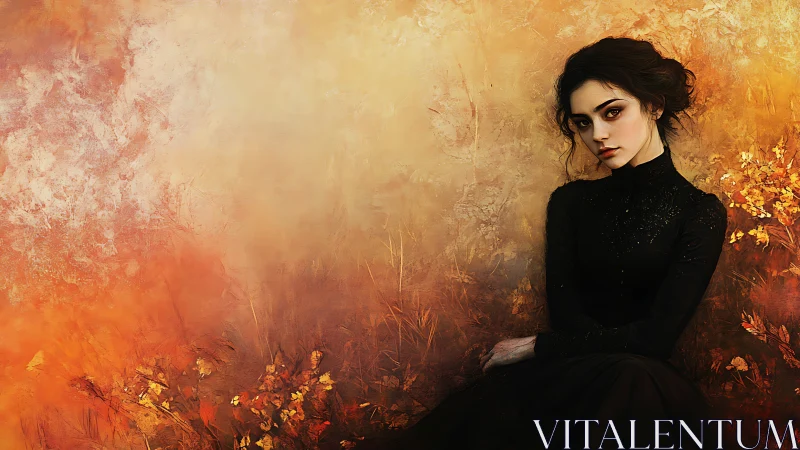 Melancholic woman in black dress amid textured autumnal backdrop