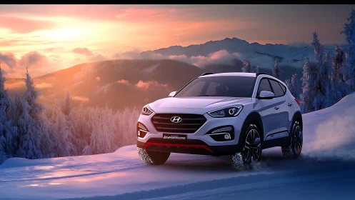 Winter sunset crowns the bold white SUV carving frosty trails
