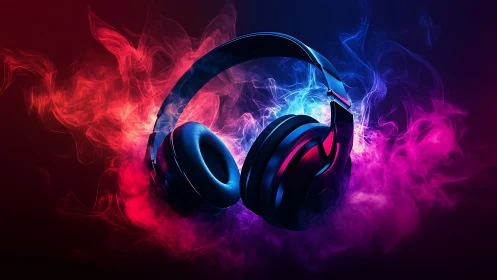 Glowing neon headphones float in dramatic colorful smoke
