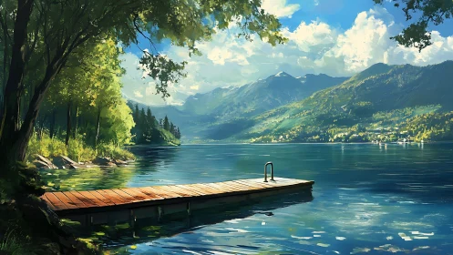 Quiet wooden jetty waits where sunlit forest meets lake