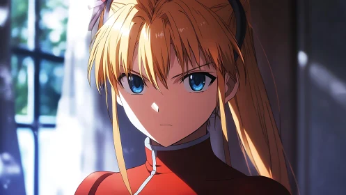 Focused anime swordswoman in raking interior window light.