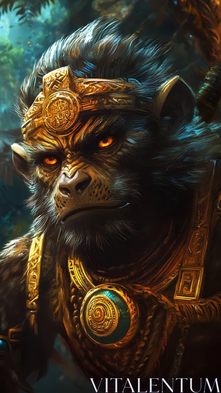 Regal armored monkey warrior stares forward in jungle scene