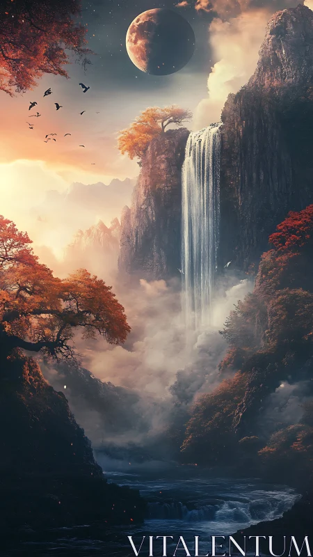 Celestial waterfall beneath burning autumn canopy.