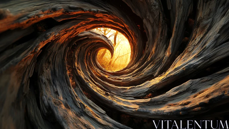 Spiraling hollow tree tunnel frames a radiant forest aperture