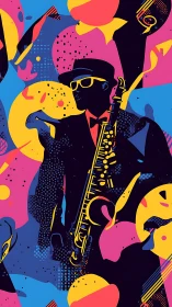 Neon jazz saxophonist silhouette pulses through bold color.