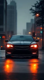 Sleek black sports sedan glows on rainy city street at dusk.