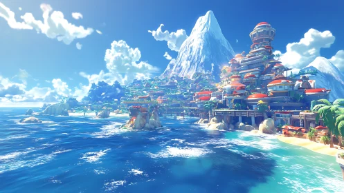 Coastal fantasy city beneath towering snowy mountain.