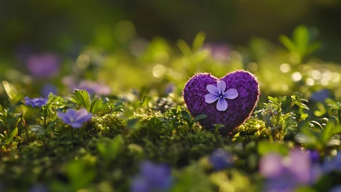 Purple heart-shaped moss with small flower on sunlit ground.