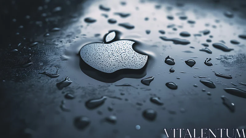 Metallic apple-shaped logo on wet reflective surface.