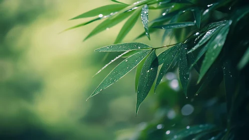 Green bamboo leaves hold water droplets against blurred background