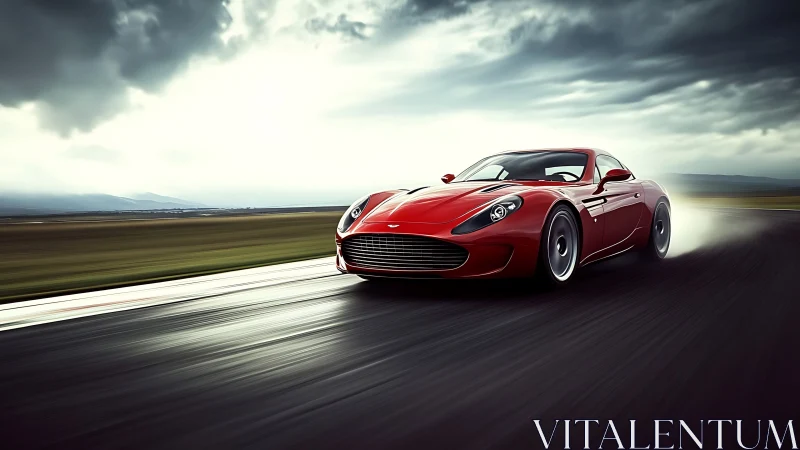 Sleek red sports car racing along a dramatic open highway.