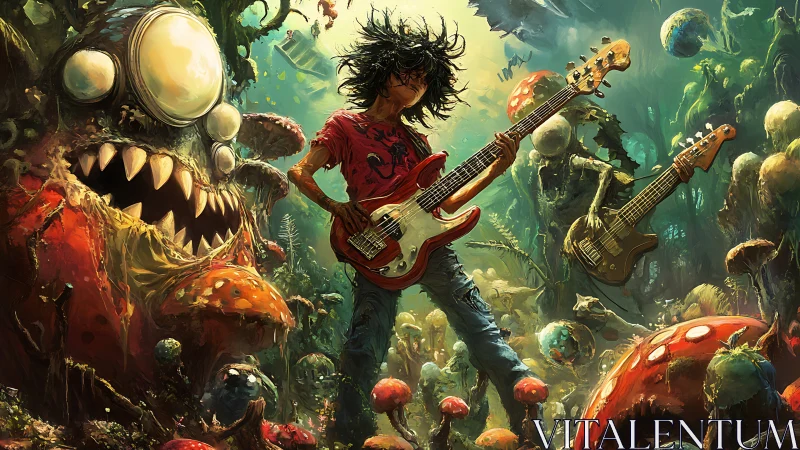 Rock bassist stands in surreal alien mushroom jungle.