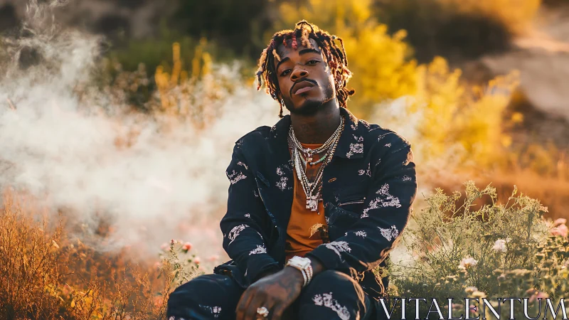 Portrait of stylish man amid warm backlit field haze