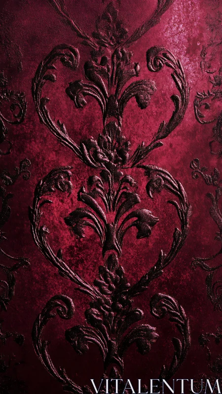 Velvet red damask scrolls glowing with vintage charm.