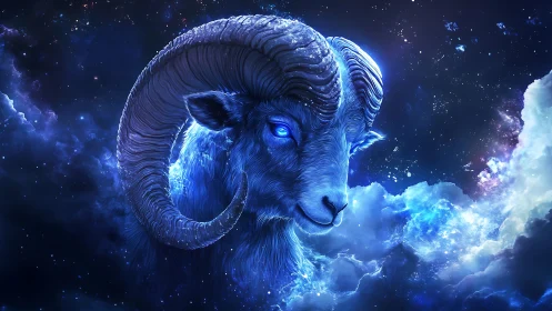 Celestial blue ram emerges from glowing cosmic nebula