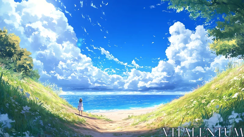 Summer shore vista with solitary girl under vast sky.