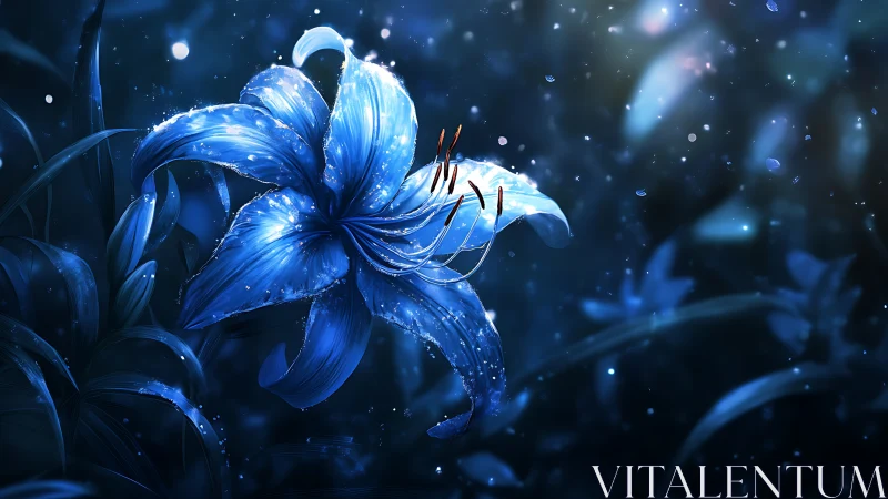 Digital painting of luminescent blue lily in nocturnal bokeh field.