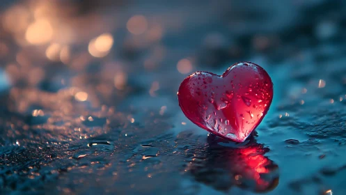 A Glowing Red Heart Rests on Wet Surface
