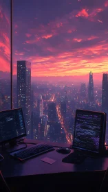 Cozy programmer&rsquo;s desk overlooking a glowing cyber sunset.