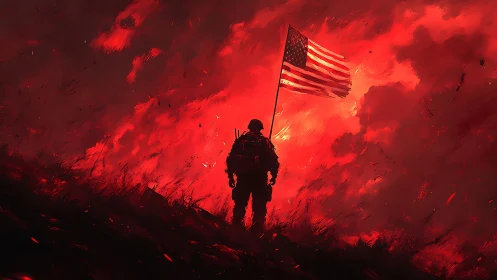 Soldier Holding Flag Through Fiery Inferno.