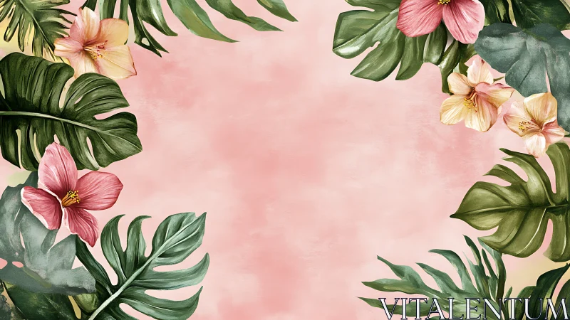 Tropical Blooms Dance: Monstera & Flowers on Soft Pink.