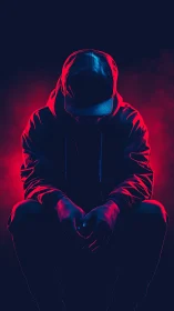 Hooded figure sits in neon shadows, wrapped in electric silence