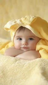 Baby in Yellow Towel Headwrap with Serene Expression.