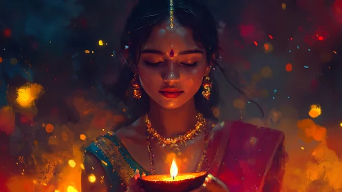 Luminous festival dream where a young woman cradles firelight.