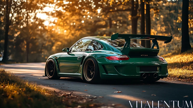 Sunlit green sports car pauses on a peaceful forest road