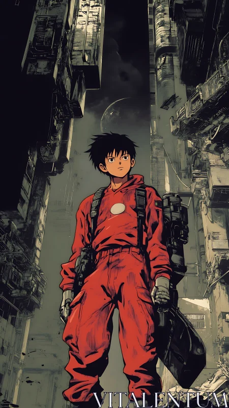 Crimson drifter stalks neon canyons of a crumbling future.