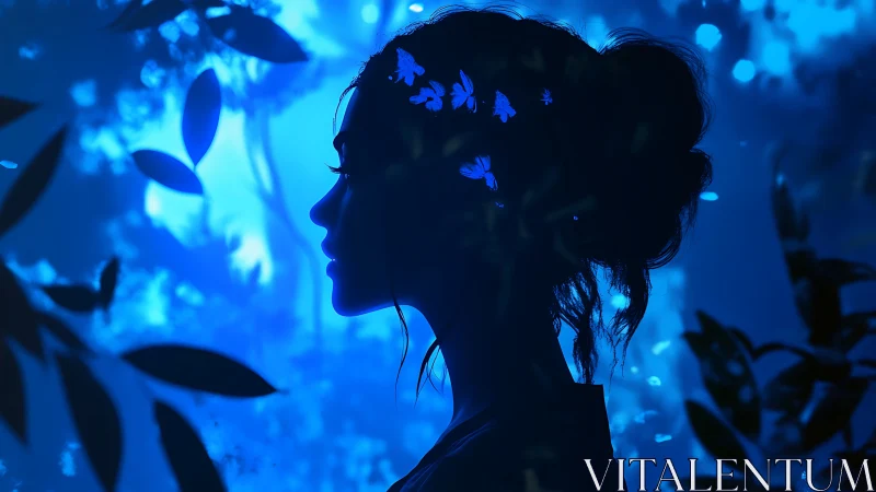 Silhouetted woman stands in glowing blue forest with butterflies
