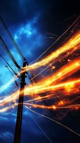 Utility pole with stylized energy trails against storm sky.
