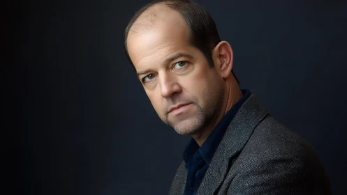 Photorealistic male studio headshot with soft rim lighting.