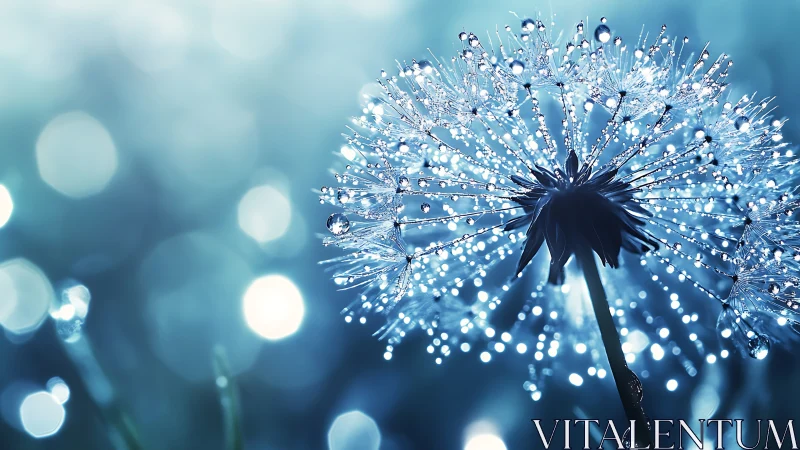 Dandelion seedhead macro with crystal dew bokeh glow.