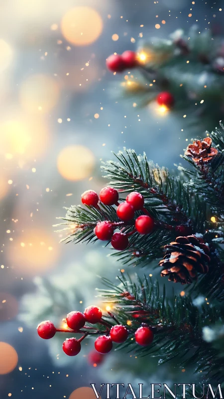Snowy pine branch with red berries and soft festive bokeh.