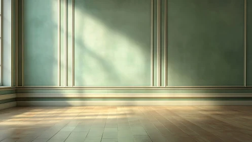 Sunlit mint wall and wooden floor define empty interior