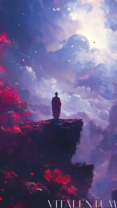 Solitary robed figure contemplates a dreamlike cosmic sky.