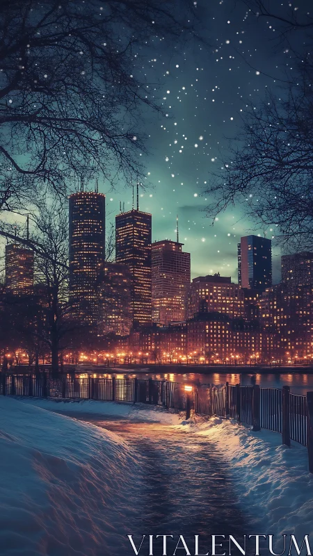 Winter riverfront glows under a softly lit city skyline