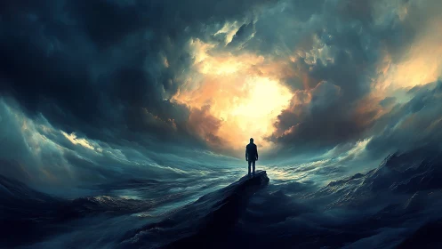 Solitary human silhouette amid turbulent oceanic vortex sky.