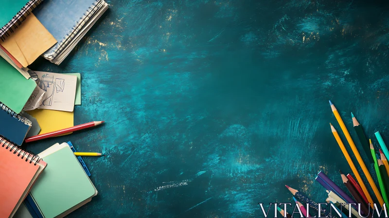 School notebooks and colored pencils surround empty teal board